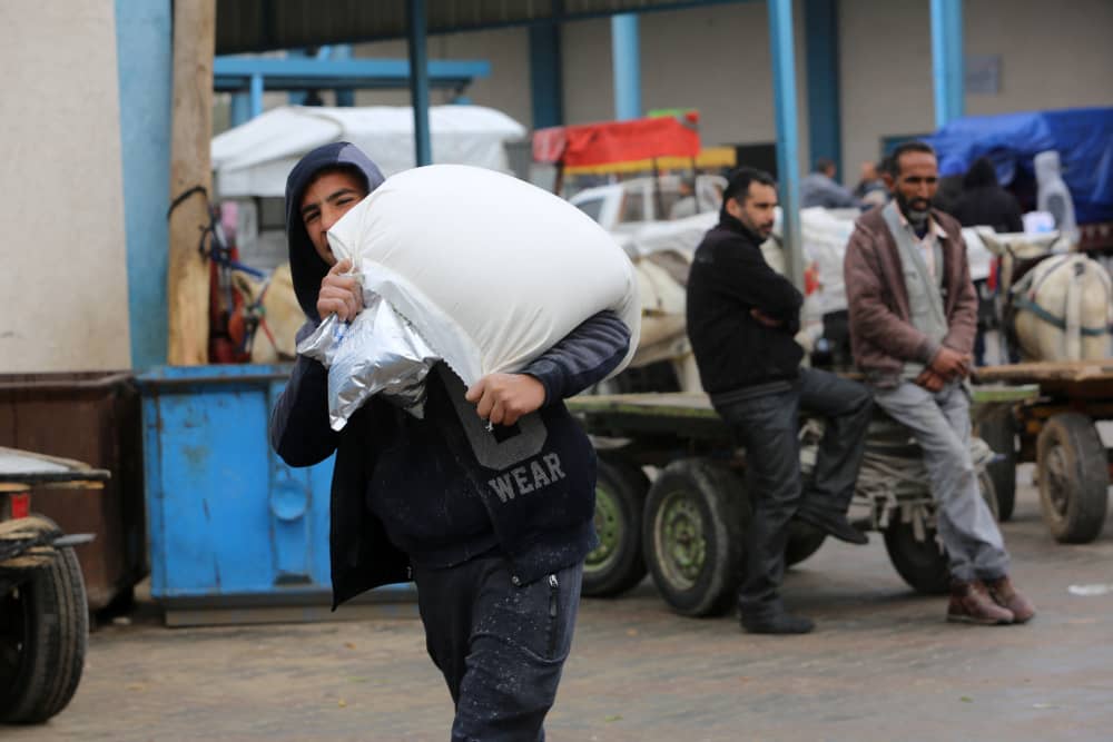 A young Palestinian recieves food at an aid distribution site (Anas-Mohammed / Shutterstock.com)