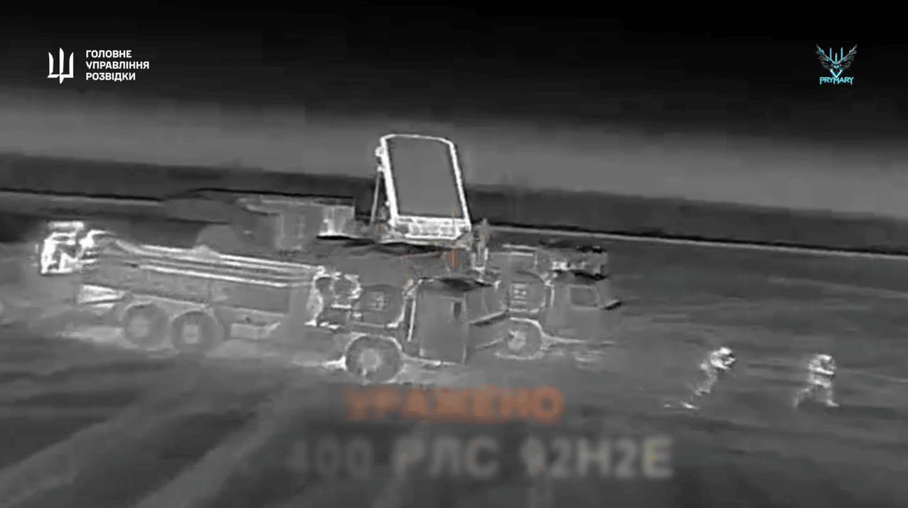 A screenshot from video footage released by Ukraine’s military intelligence shows the targeting of key components of Russia’s S-400 “Triumf” air defense system. (Source: HUR / Telegram)
