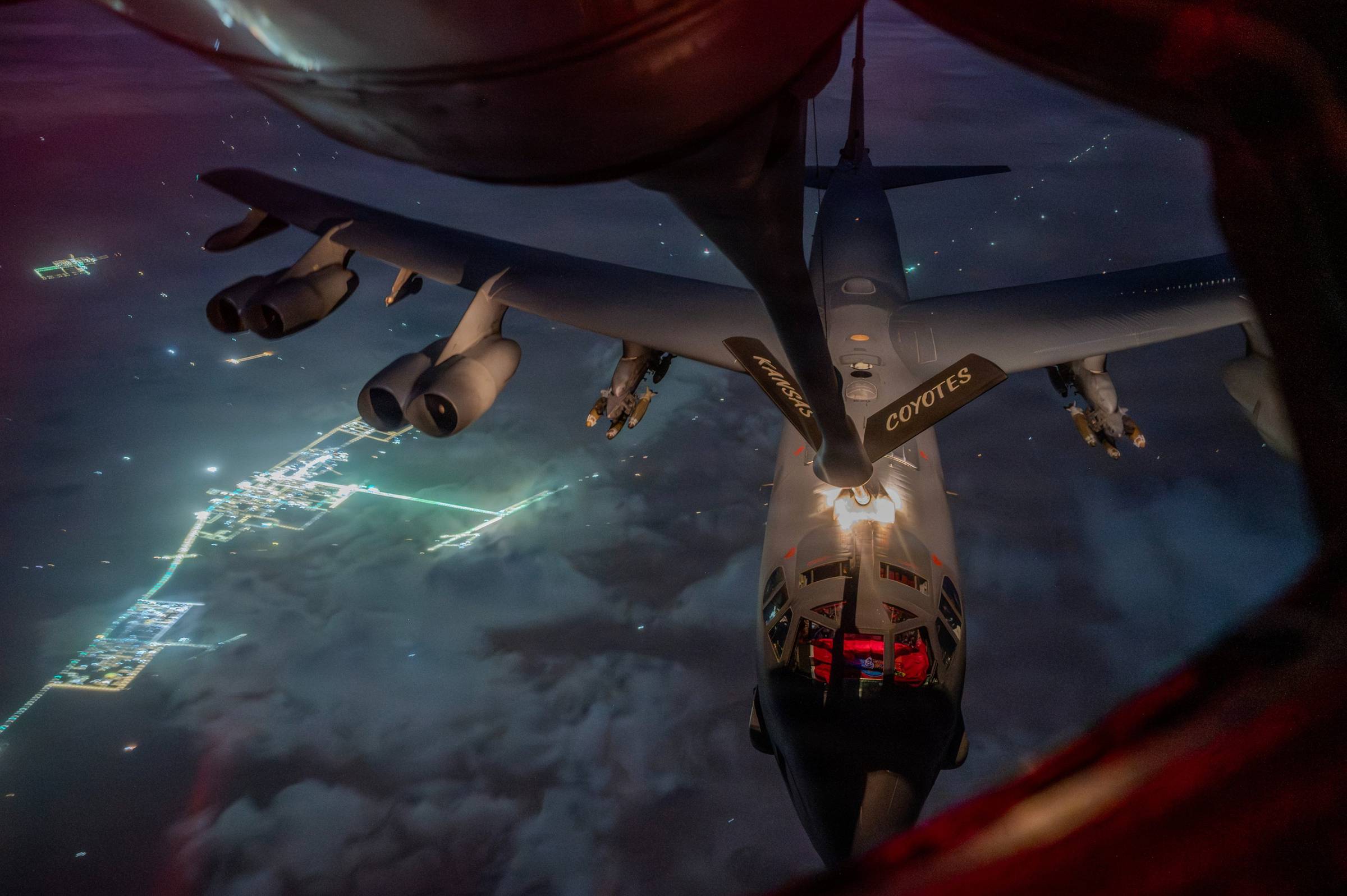 A U.S. Air Force B-52 Stratofortress is refueled during a combat flight supporting Operation Epic Fury, March 26. (Photo: CENTCOM)