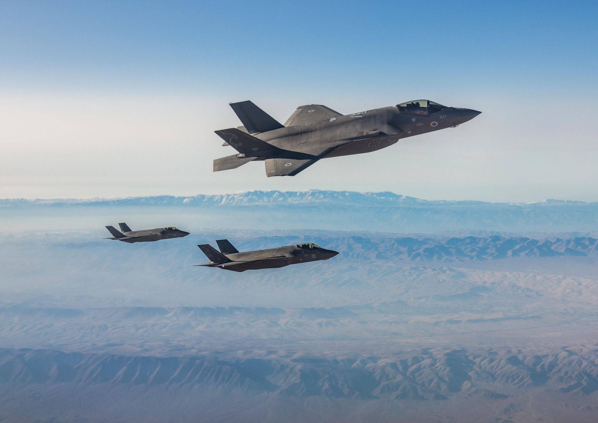 Three Israeli Air Force F-35I Adir stealth fighters fly in formation en route to strike targets in Iran. (Israeli Air Force via X)
