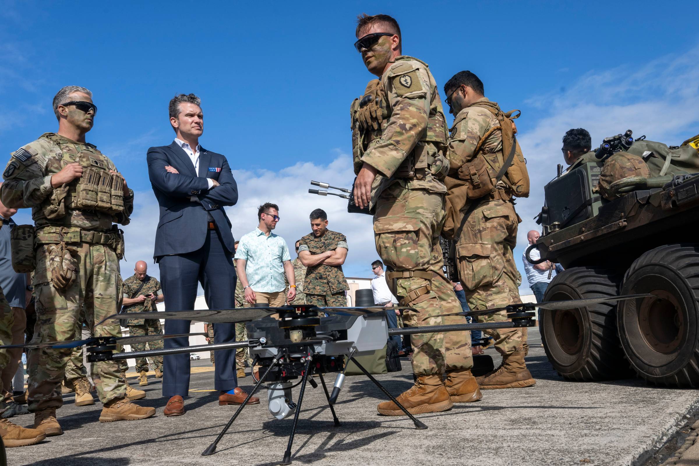 Secretary of Defense Pete Hegseth views a static display of equipment at K?ne’ohe Bay, Hawaii, March 25, 2025. (DOD photo by U.S. Air Force Senior Airman Madelyn Keech)
