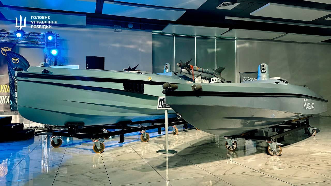 The Magura V7 uncrewed surface vessel with AIM-9 Sidewinder missiles, shown alongside the Magura V5. (Photo: Defense Intelligence of Ukraine)