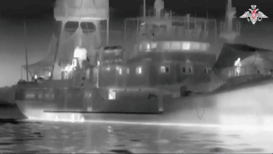 A screenshot from the video feed from a Russian Naval drone before it struck a Ukranian reconnaissance vessel, beleived to be the Simferopol. (Source: Russia MoD via X)