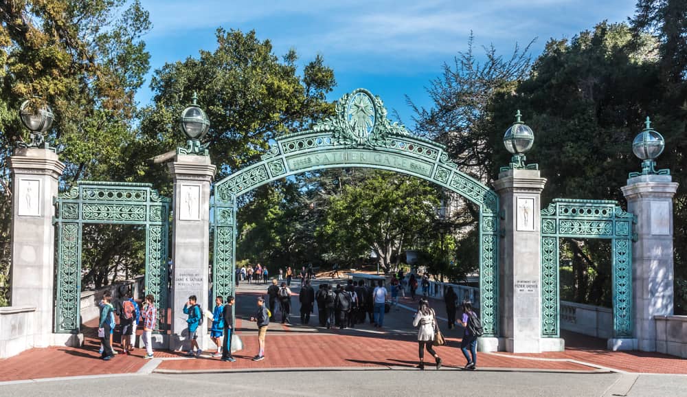 Students pass through Sather Gate at the University of California, Berkeley, home to researchers who tested AI self-preservation behaviors. (David A. Litman / Shutterstock)