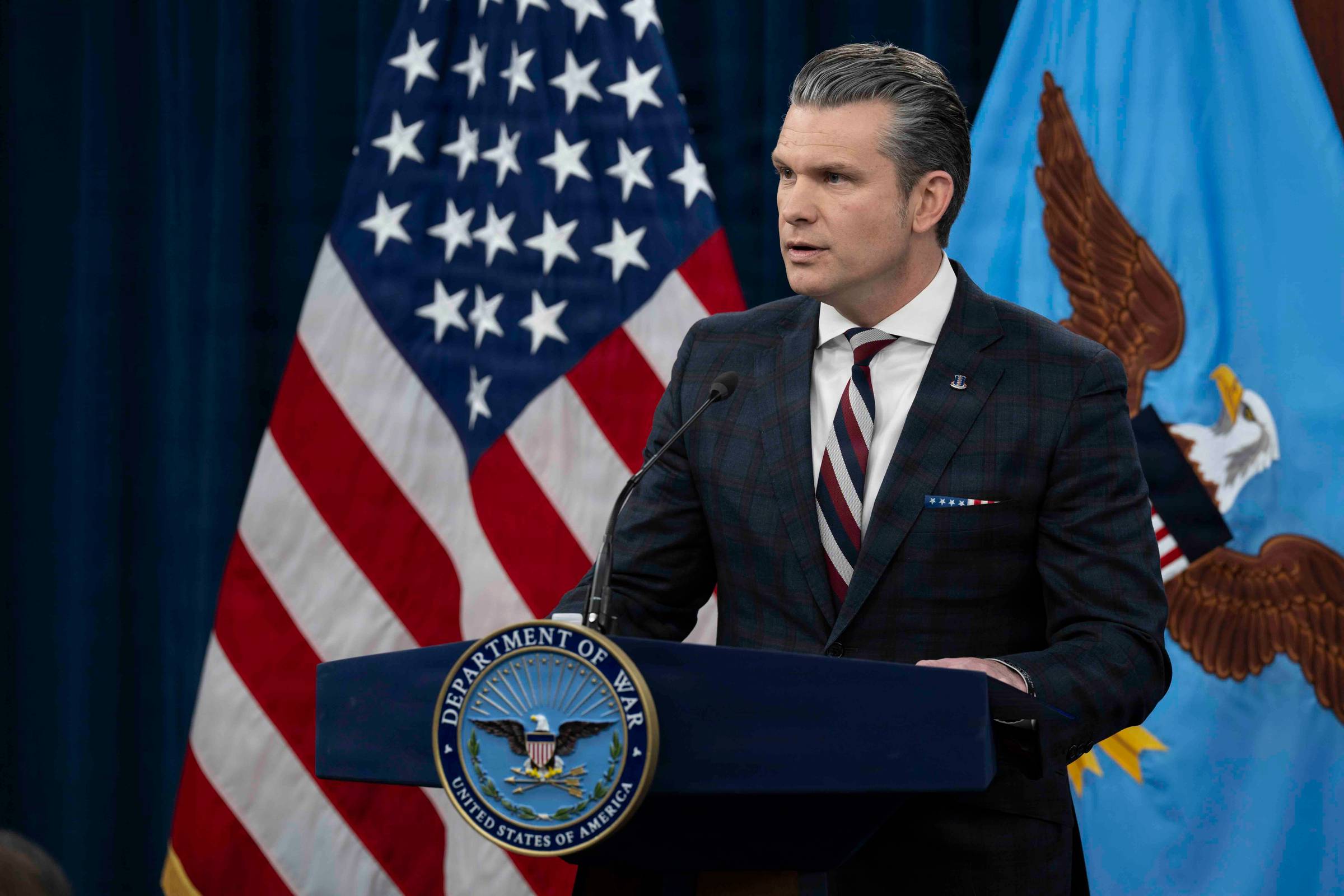 Secretary of War Pete Hegseth  conducts a press briefing on Operation Epic Fury at the Pentagon, Washington, D.C., March 4, 2026. (DoW photo by U.S. Navy Petty Officer 1st Class Alexander Kubitza)