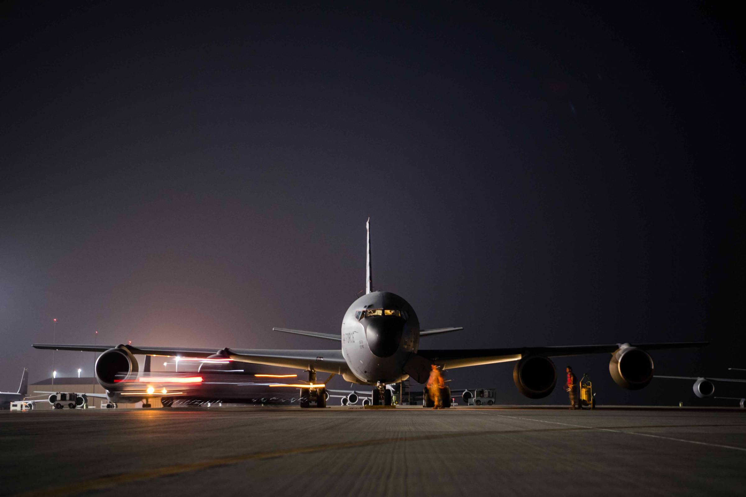 A KC-135 Stratotanker as it prepares to taxi before takeoff at Al Udeid Air Base, Qatar (U.S. Air Force photo by Staff Sgt. Lauren Parsons)