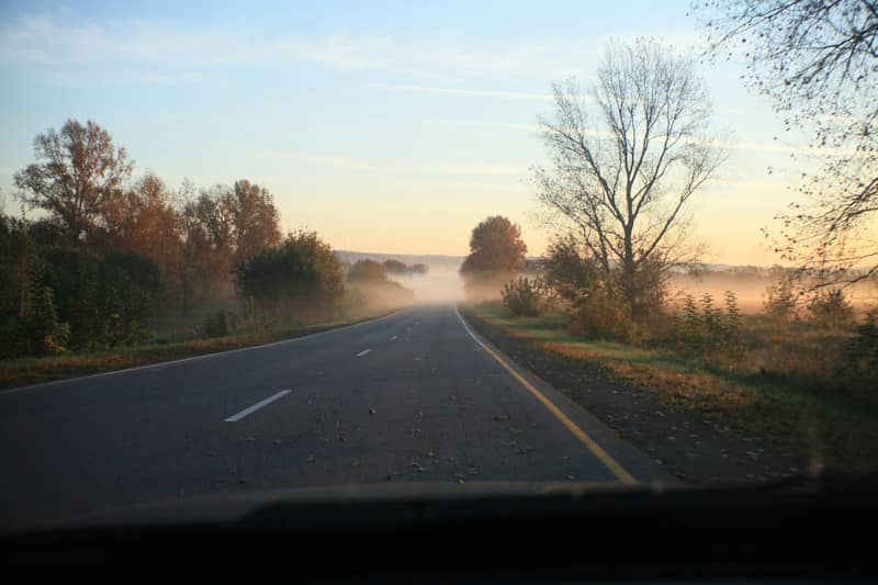 An asphalt road stretching into a misty landscape under a pale morning sky