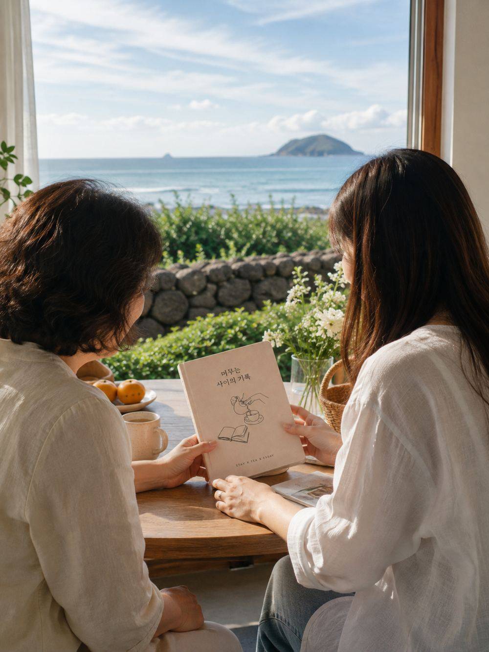 창가에 마주 앉은 엄마와 딸이 책 한 권을 함께 보고 있다