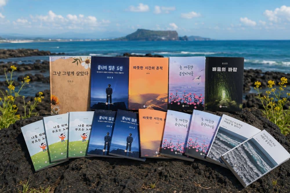 제주 바닷가 바위 위에 놓인 어르신 자서전들