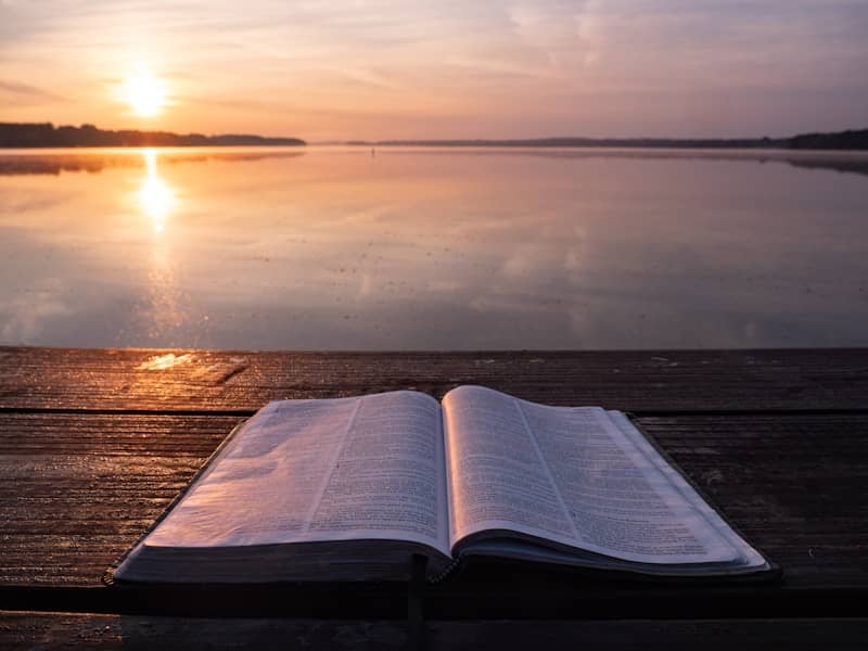 book on top of table and body of water