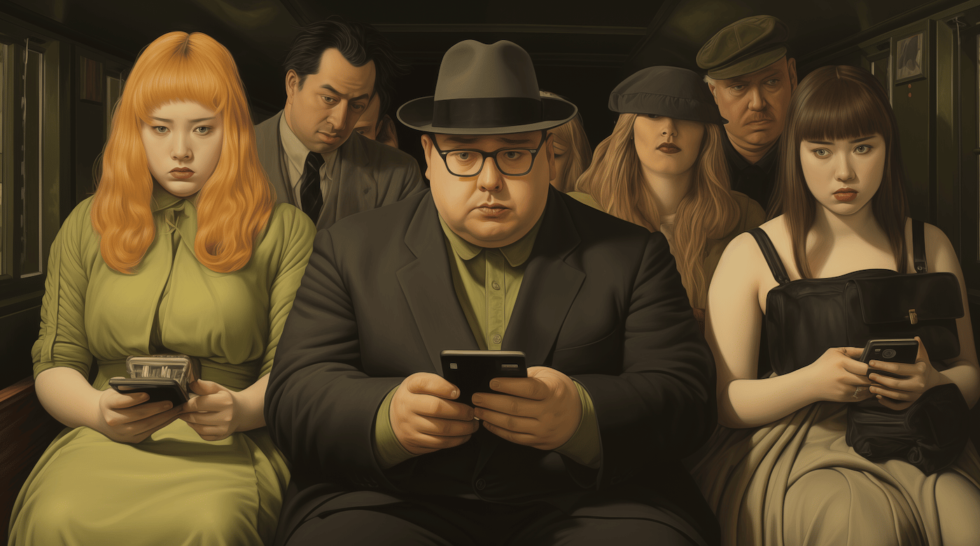 Personas mirando pantallas de celular en un tren