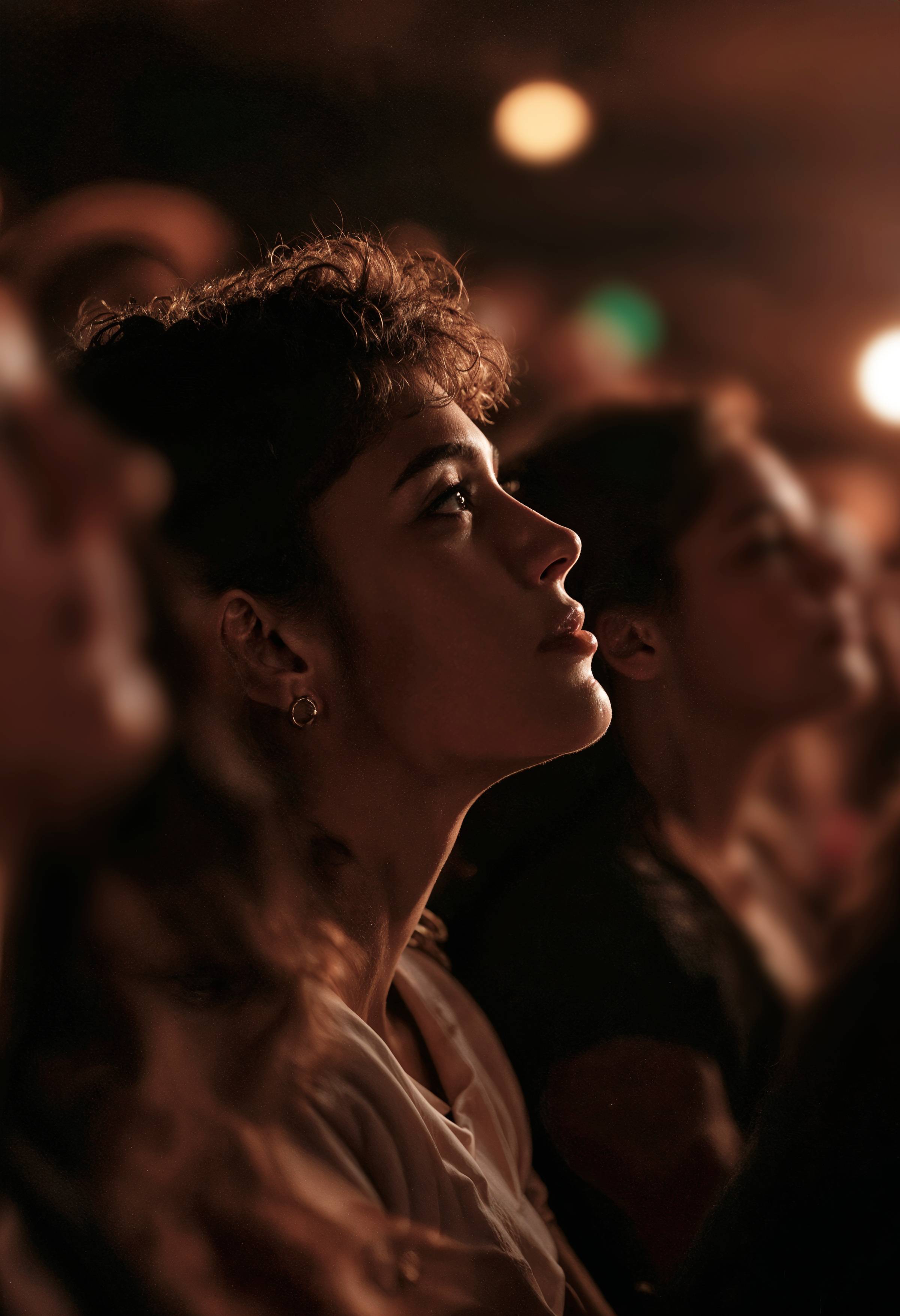 A picture of a captivated woman in the middle of an audience.