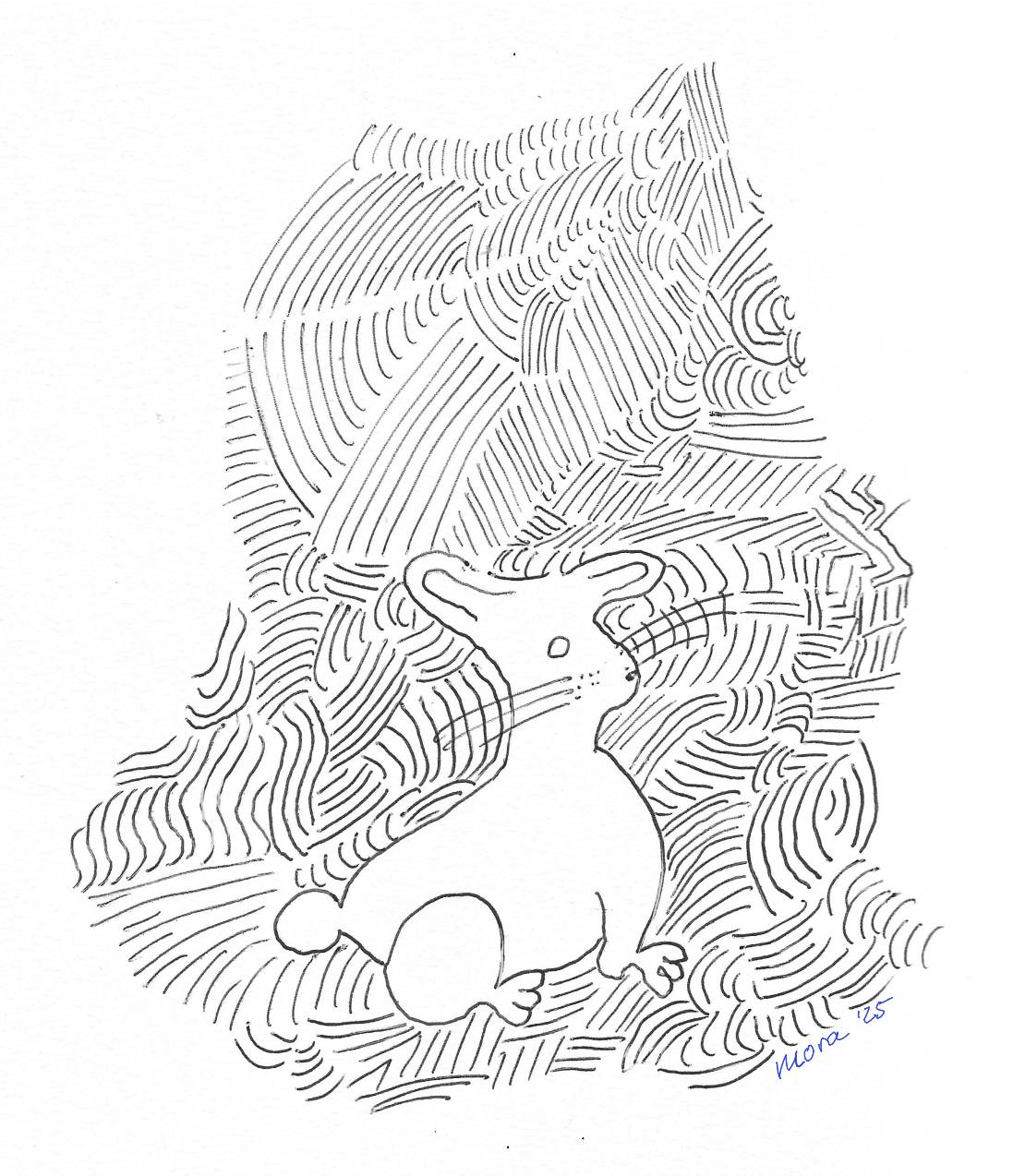White confused rabbit in background of short lines.
