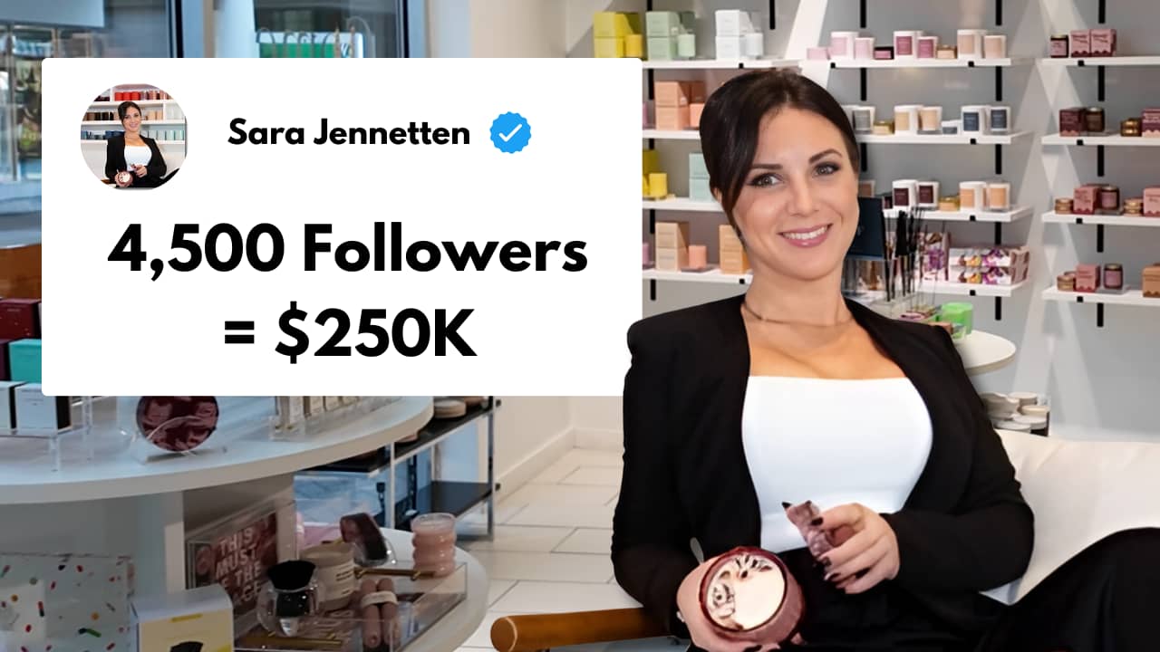 Thumbnail image featuring Sara Jennetten, founder of Blank Mason, in her store with text overlay reading '4,500 Followers = $250K', highlighting her business success despite modest social following