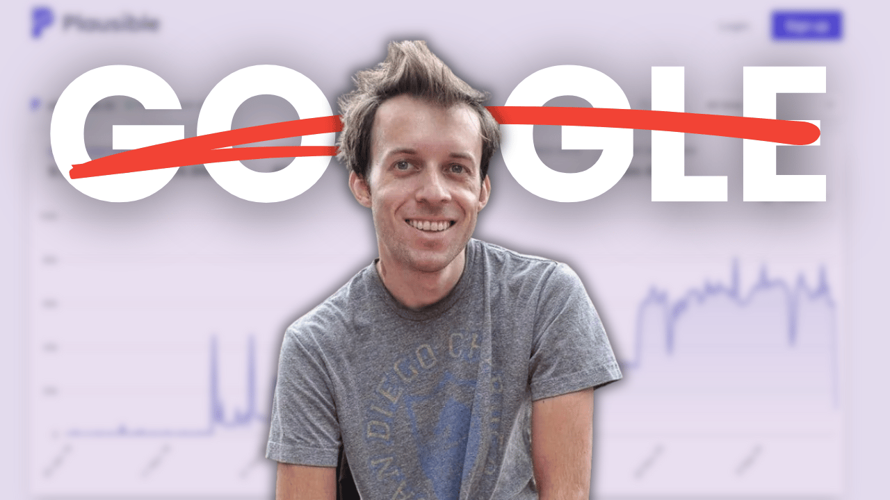 Marko Saric, the co-founder of Plausible Analytics, smiling in front of the Plausible dashboard with the word 'GOOGLE' crossed out - embodying their core positioning as the anti-Google Analytics alternative