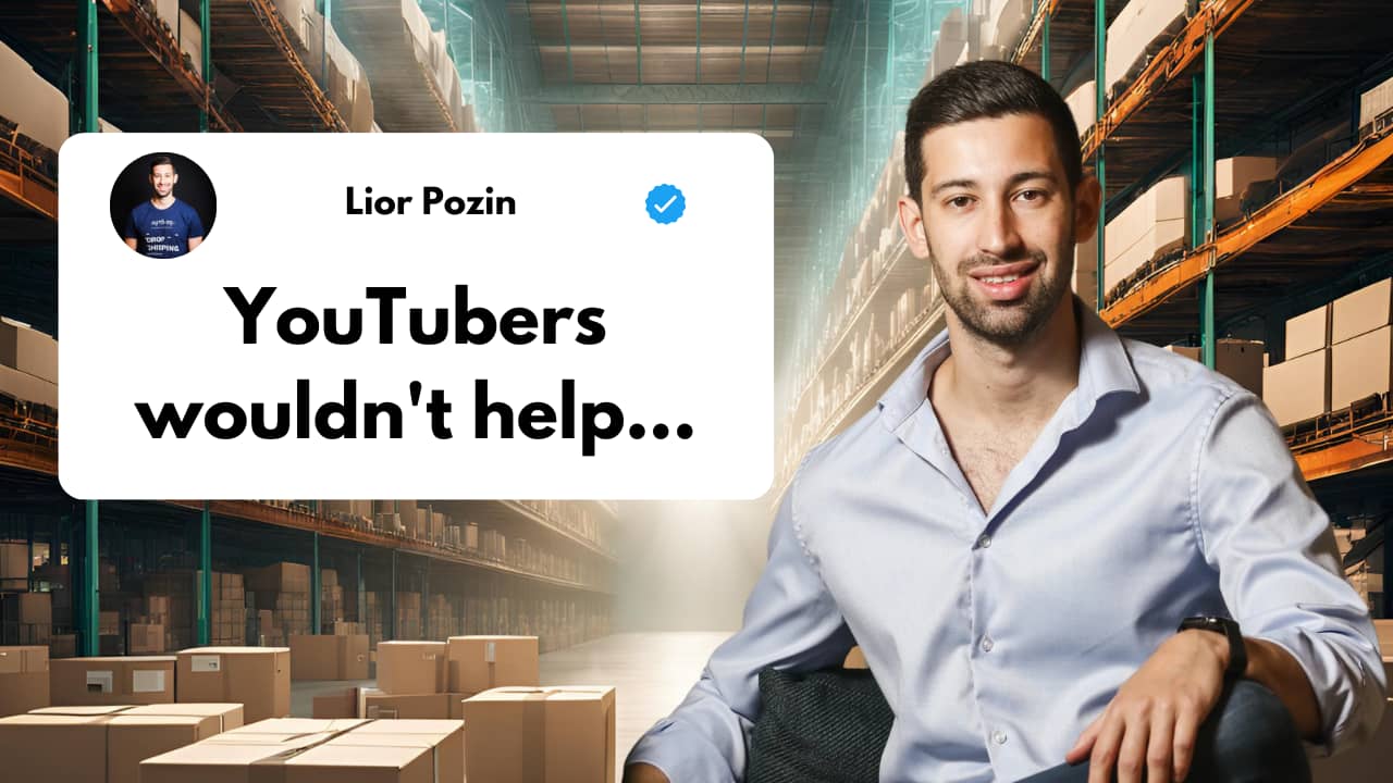 A promotional image showing a warehouse setting with stacked cardboard boxes and shelving. In the foreground is a text bubble containing 'YouTubers wouldn't help...' and 'Lior Pozin' with a verified checkmark. There is also a person wearing a light blue b