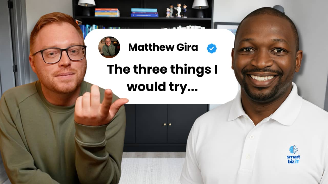 A YouTube-style thumbnail featuring two men side by side. On the left, a man with red hair and glasses wearing a green sweatshirt gestures with his hand as if making a point. On the right, a man wearing a white polo shirt with the Smart Biz iT logo smiles