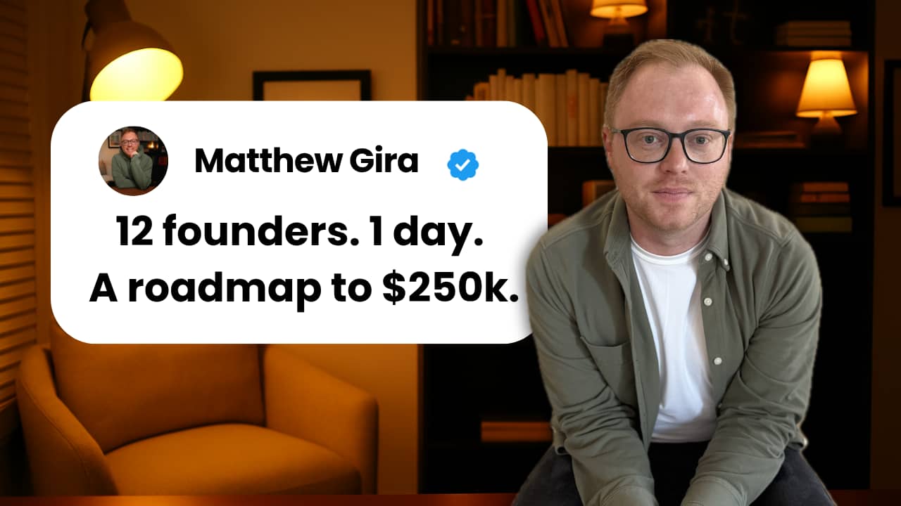 A YouTube thumbnail featuring Matthew Gira, a man with glasses and short reddish-brown hair wearing a sage green button-up shirt over a white t-shirt, seated in a warmly lit room with bookshelves and lamps in the background. A white card overlay on the le