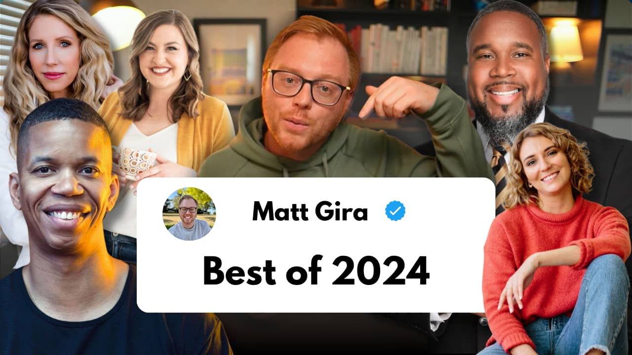 A collage of six smiling people's headshots arranged around a central Twitter/X-style card that reads 'Matt Gira' with a verified checkmark and 'Best of 2024'. The individuals include a woman with blonde wavy hair, a woman in a yellow cardigan, a man in a