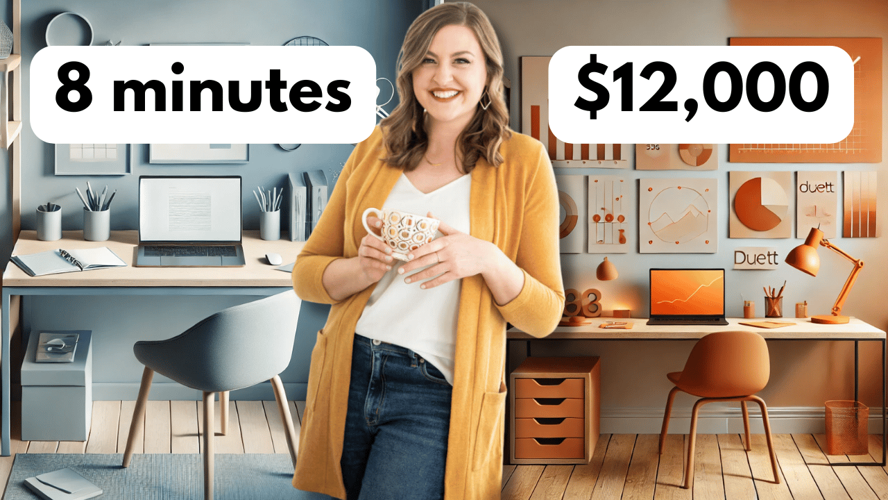 A bright and inviting image featuring Allea Grummert smiling and holding a mug, standing in front of a modern, dual-toned office workspace. On the left, bold text reads ‘8 minutes,’ and on the right, ‘$12,000.’ The background displays organized desks with