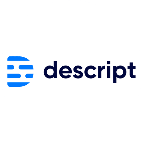 Descript company logo with blue geometric shapes and dark blue text