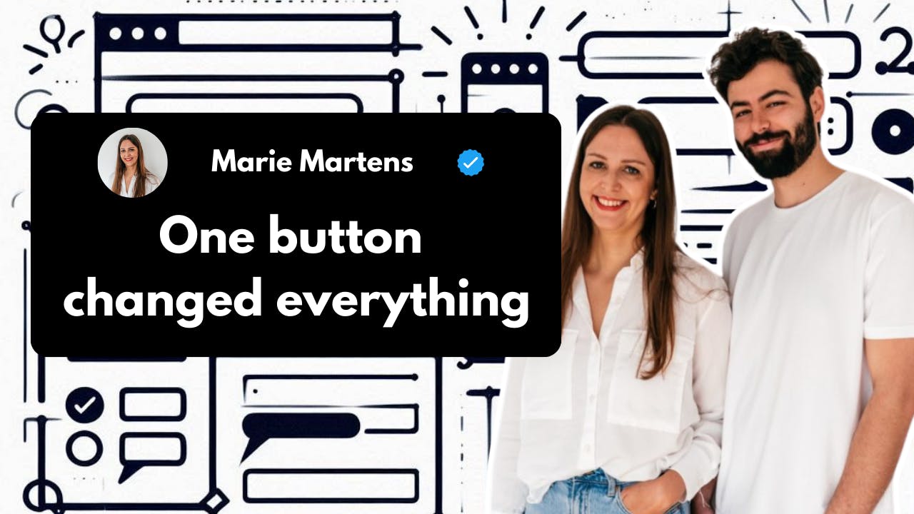 YouTube thumbnail for 'How Tally Reached 11K Users in One Year' featuring a profile Twitter/X-style card against a background of minimalist form interface illustrations. The card contains Marie Martens' profile picture, name, and verified checkmark, with 