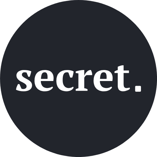 Secret logo - the word 'secret.' in lowercase white letters with a period, displayed on a dark navy blue or black circular background.
