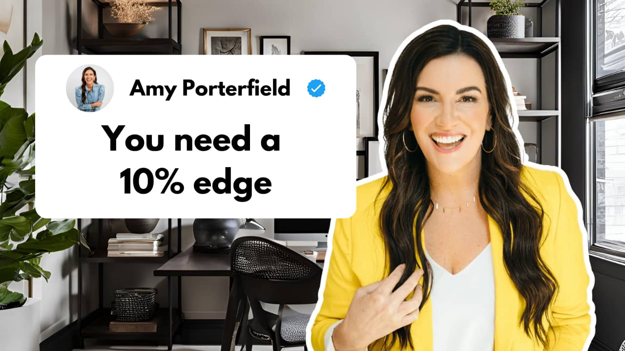 Image of Amy Porterfield, a successful online business strategist, smiling while wearing a bright yellow blazer. Behind her is a modern office setup with plants, shelves, and a desk. A quote overlay reads: 'Amy Porterfield: You need a 10% edge.