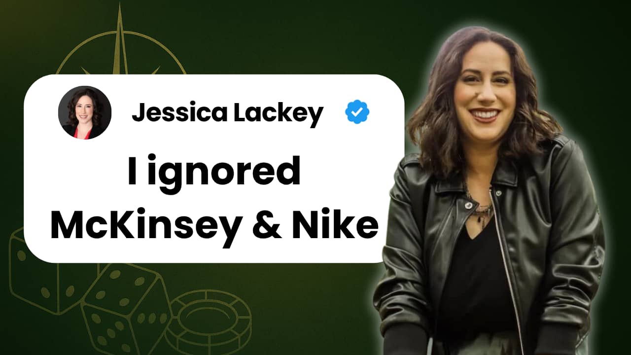 YouTube thumbnail featuring Jessica Lackey smiling in a black leather jacket on the right side, with a white text bubble on the left displaying her profile photo, verified name, and the quote "I ignored McKinsey & Nike" against a green background with com