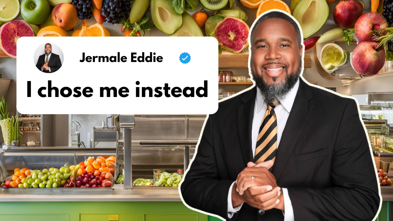 A split image showing Jermale Eddie, a Black entrepreneur in a black suit and gold tie, smiling confidently against a backdrop of colorful fresh fruits and produce. Above him is a social media-style text bubble with his name and verified checkmark, and th