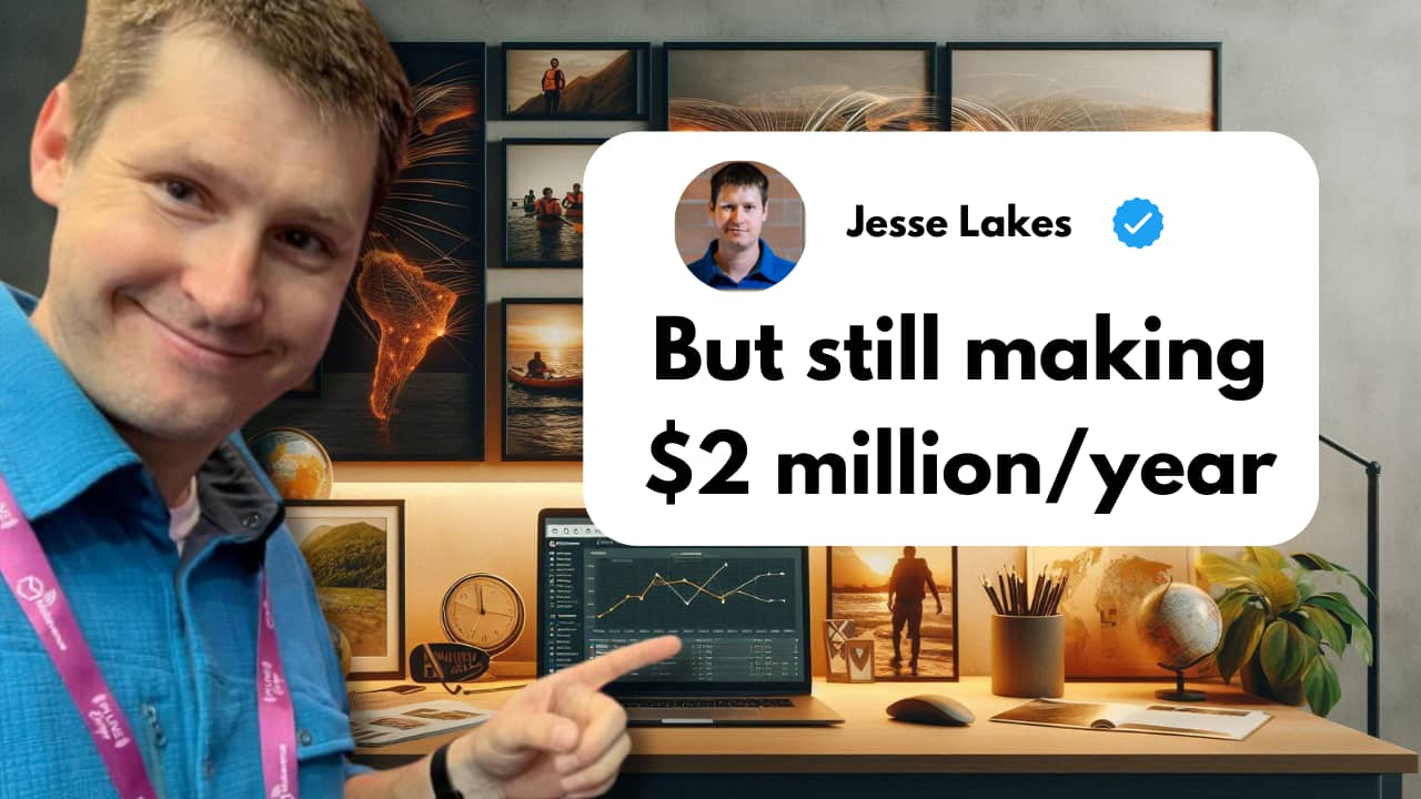 Jesse Lakes, co-founder of Geniuslink, pointing at business analytics on a laptop screen with a caption stating 'But still making $2 million/year