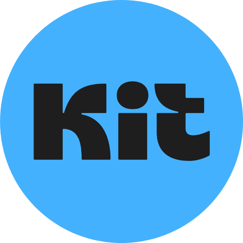 Kit logo - the word 'Kit' in bold black lowercase letters displayed on a bright blue circular background.