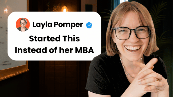 Layla Pomper, founder of ProcessDriven, smiling and pointing at camera in her home office with plants and whiteboard visible in background. Text overlay reads "Started This Instead of her MBA" in white speech bubble with her profile photo and verified che