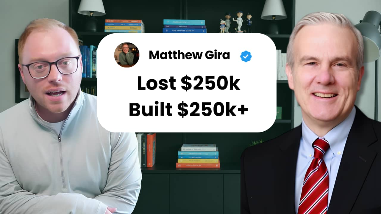 A YouTube thumbnail showing two men side by side against a bookshelf background. On the left, a red-haired man in a light gray zip-up is mid-sentence with his arms crossed. In the center, a white speech bubble reads "Lost $250k Built $250k+" in bold black