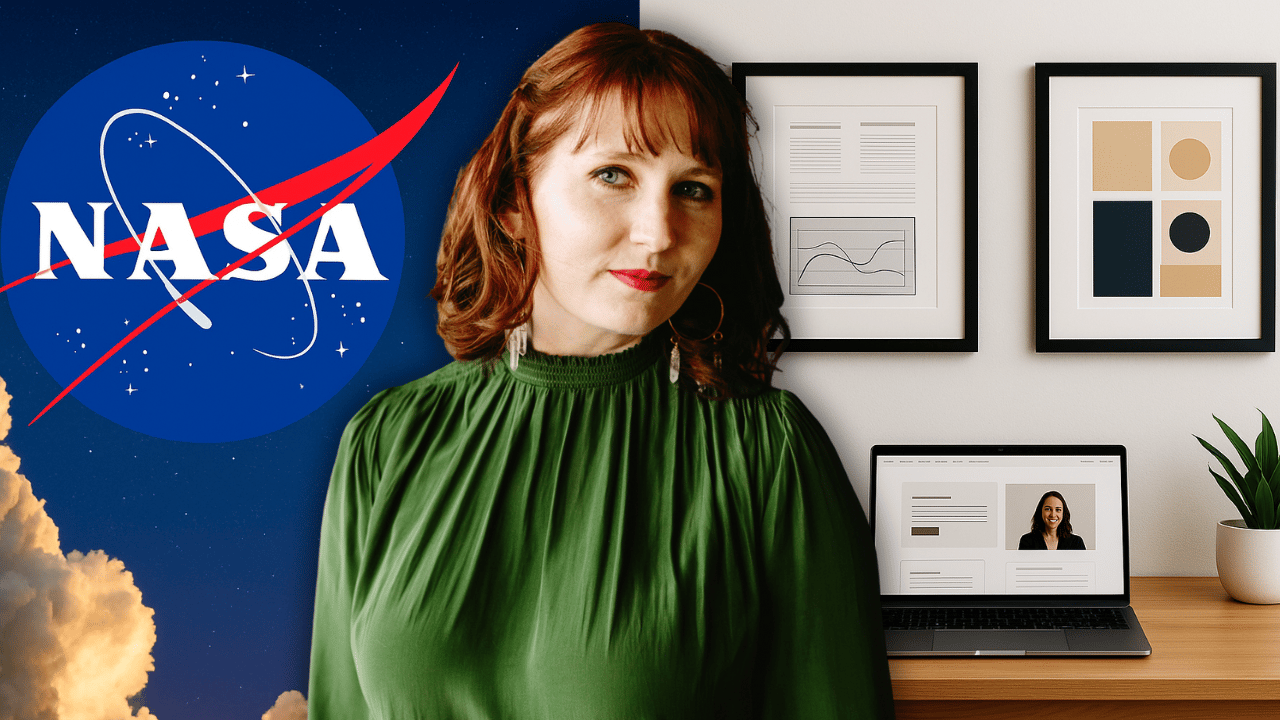 Brandi Bernoskie, founder of Alchemy & Aim, with NASA logo representing her journey from NASA writer to million-dollar business owner.