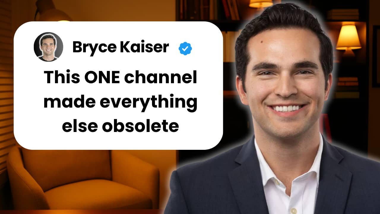 Bryce Kaiser smiling in a business suit with a quote bubble saying "This ONE channel made everything else obsolete" for a YouTube video about HoomHouse's growth strategy