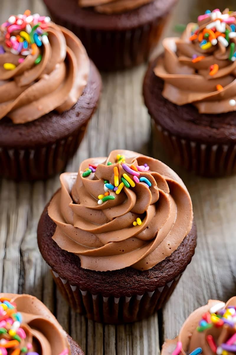 Chocolate cupcakes topped with colorful sprinkles.