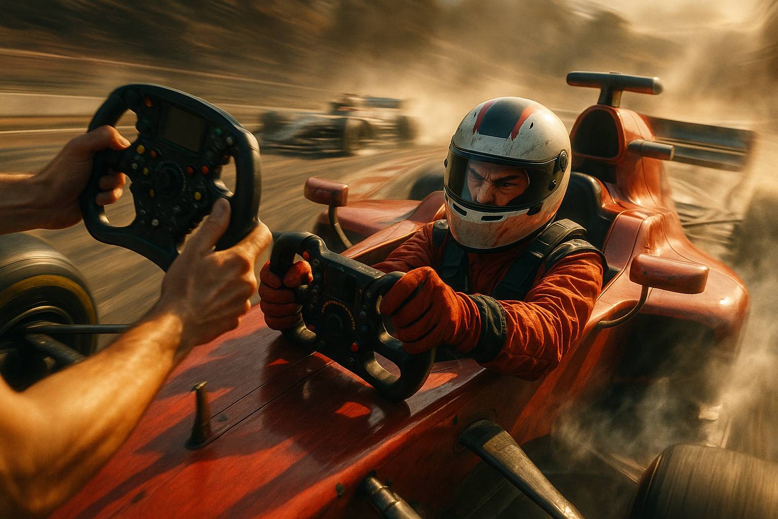 Race car speeds around a sharp turn as someone reaches in with a new steering wheel, symbolizing high-stakes pressure and the risk of mid-motion change