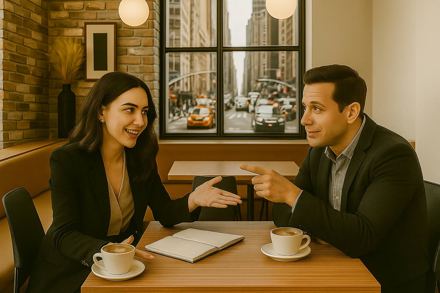 Two professionals in a cafe having a focused, friendly business conversation over coffee, representing connection-driven and human-centered sales techniques.