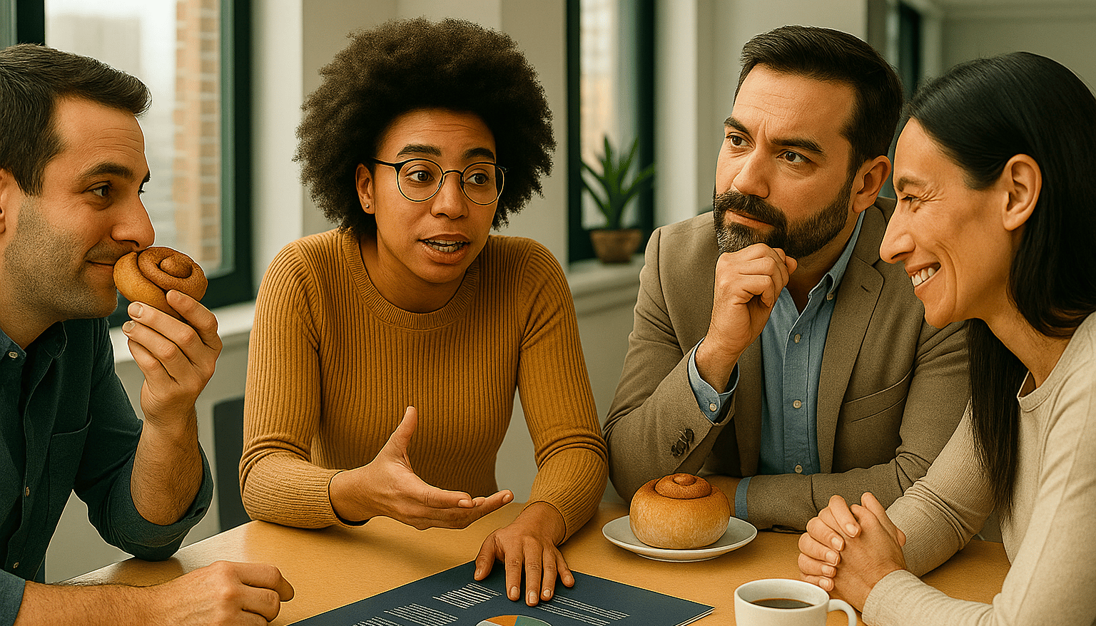 A group of professionals engaged in a warm, collaborative meeting around a table. One person gestures while speaking, others listen with interest. A cinnamon roll sits on the table, adding a casual, human touch. A business deck is visible but untouched, s