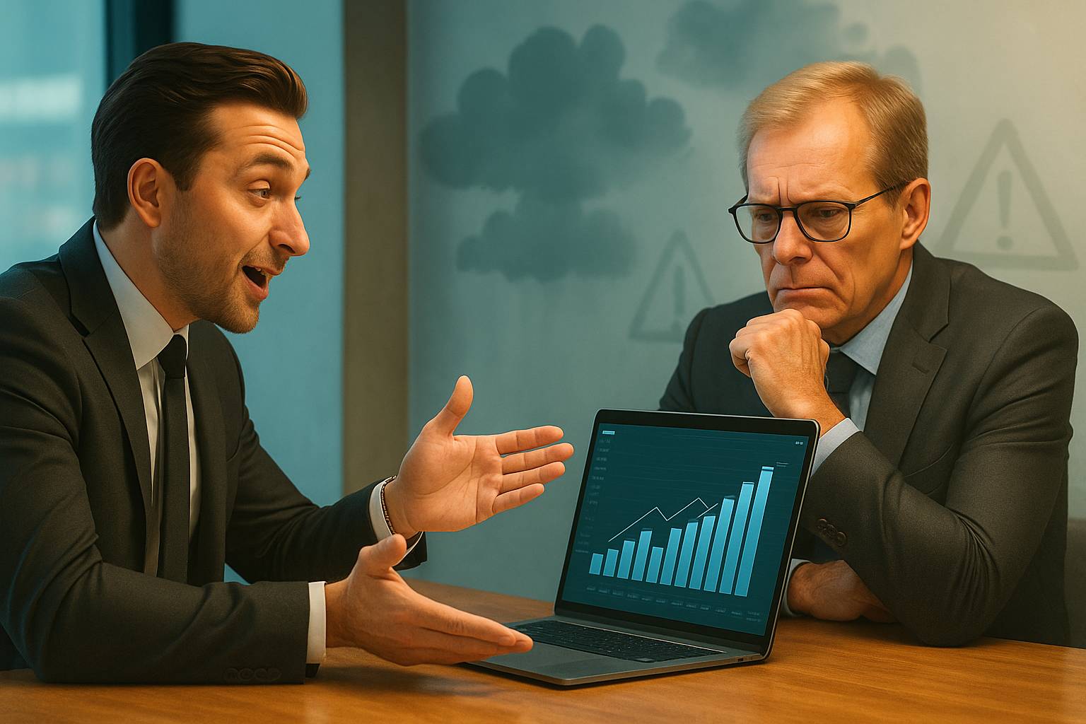Salesperson pitches growth data to a cautious CFO, who studies the chart with concern. Background hints at risk, reflecting unspoken hesitation.