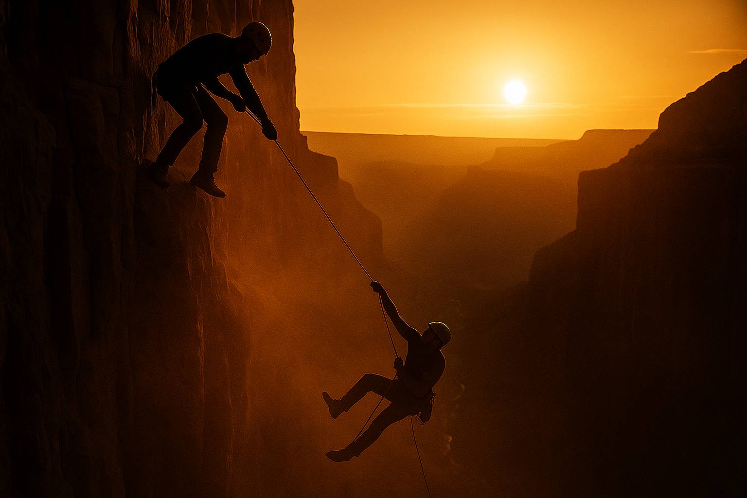 Two rock climbers silhouetted against a canyon sunset. One climber is suspended mid-air, gripping the rope, while the other remains anchored at the cliff edge, holding the line tight. The image symbolizes trust, proactive support, and partnership—capturin