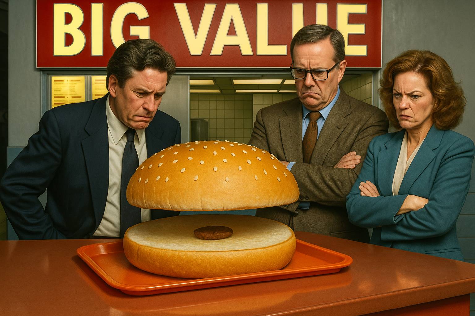 Three serious business professionals stare skeptically at a giant burger bun with a tiny patty inside, under a sign that reads 'Big Value'—visually representing disappointing or misleading incentives in B2B sales
