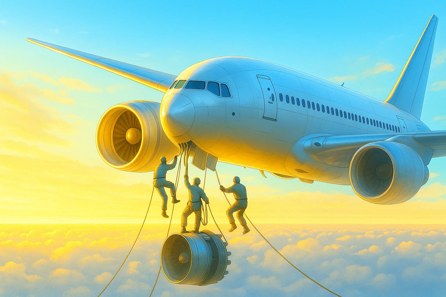 A team of engineers replacing an airplane engine mid-flight, high above the clouds, symbolizing the operational pressure COOs face when implementing new solutions without disrupting ongoing business processes