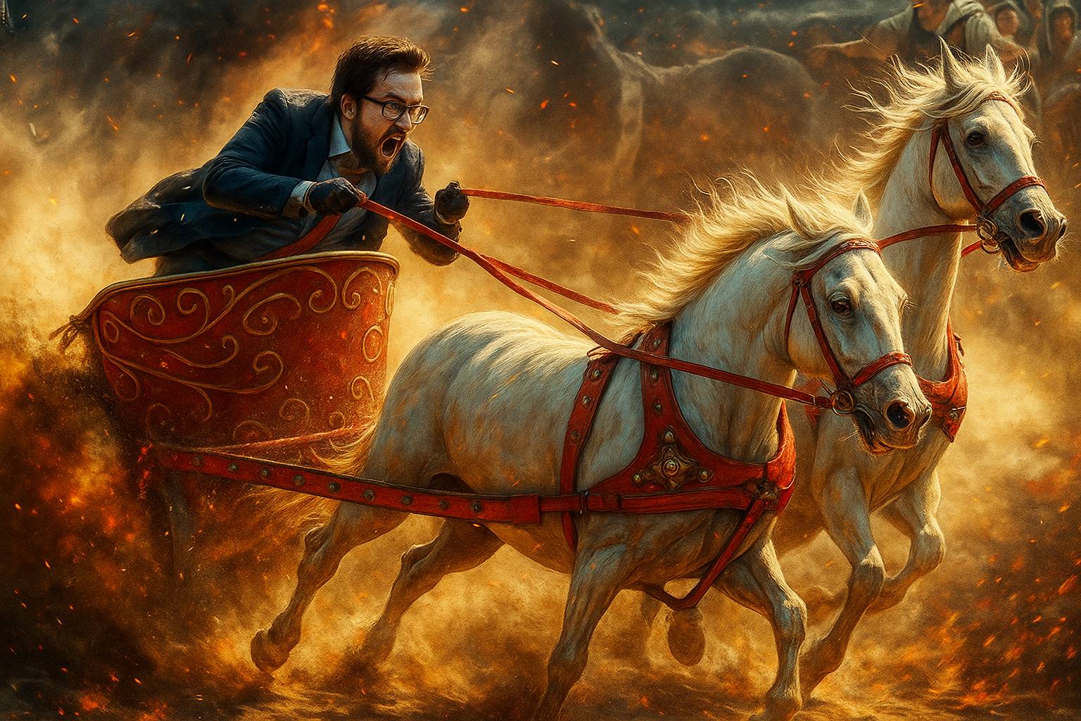 A man in a business suit rides a red chariot pulled by two white horses through fire and dust, gripping the reins and shouting with intensity. The scene symbolizes the tension and control required to steer both transactional and personal ROI toward a deci