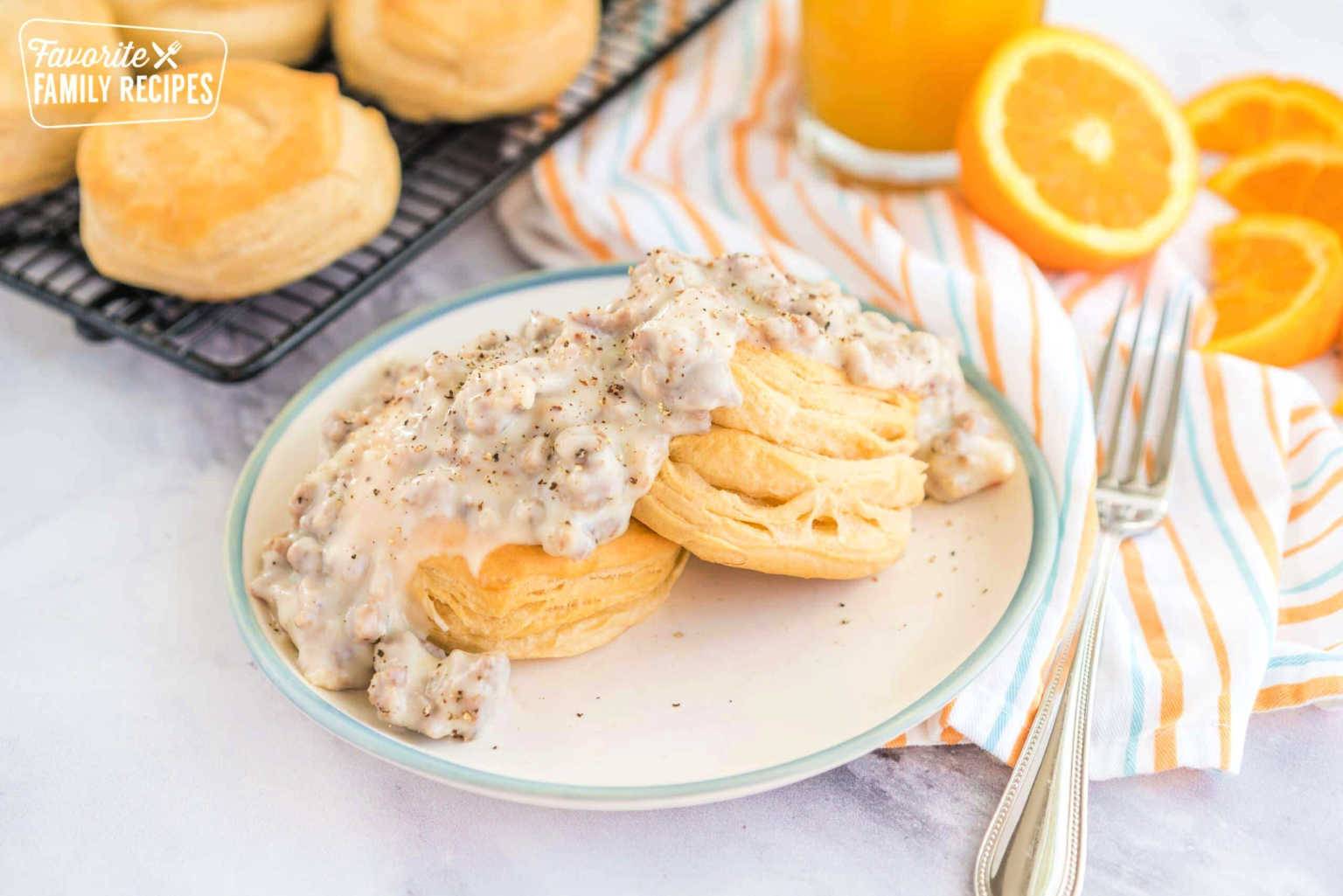 Biscuits and Gravy  on a white serving plate