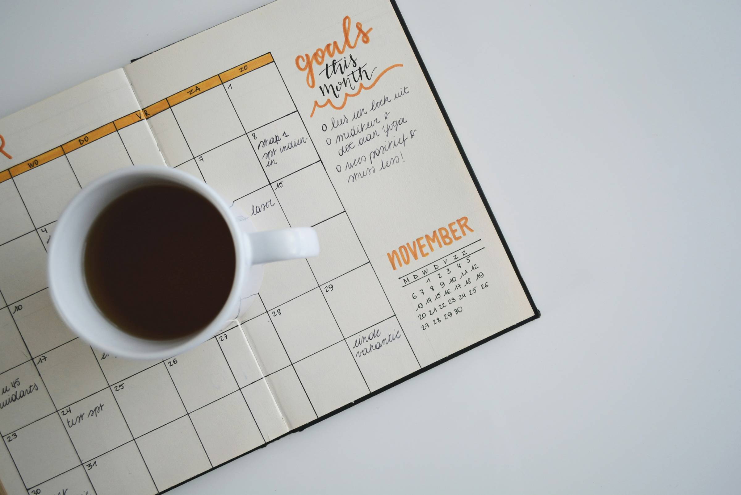 A calendar with coffee 