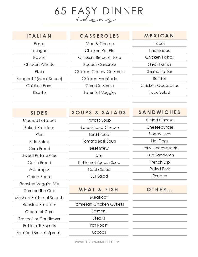 65 Easy Dinner Ideas (FREE PRINTABLE)