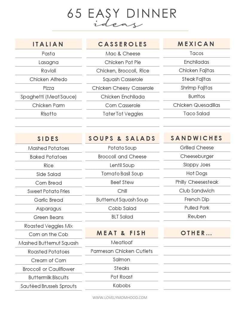 65 Easy Dinner Ideas FREE PRINTABLE 