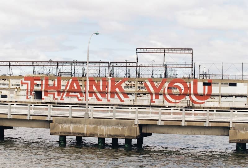 The image shows a building that says thank you.